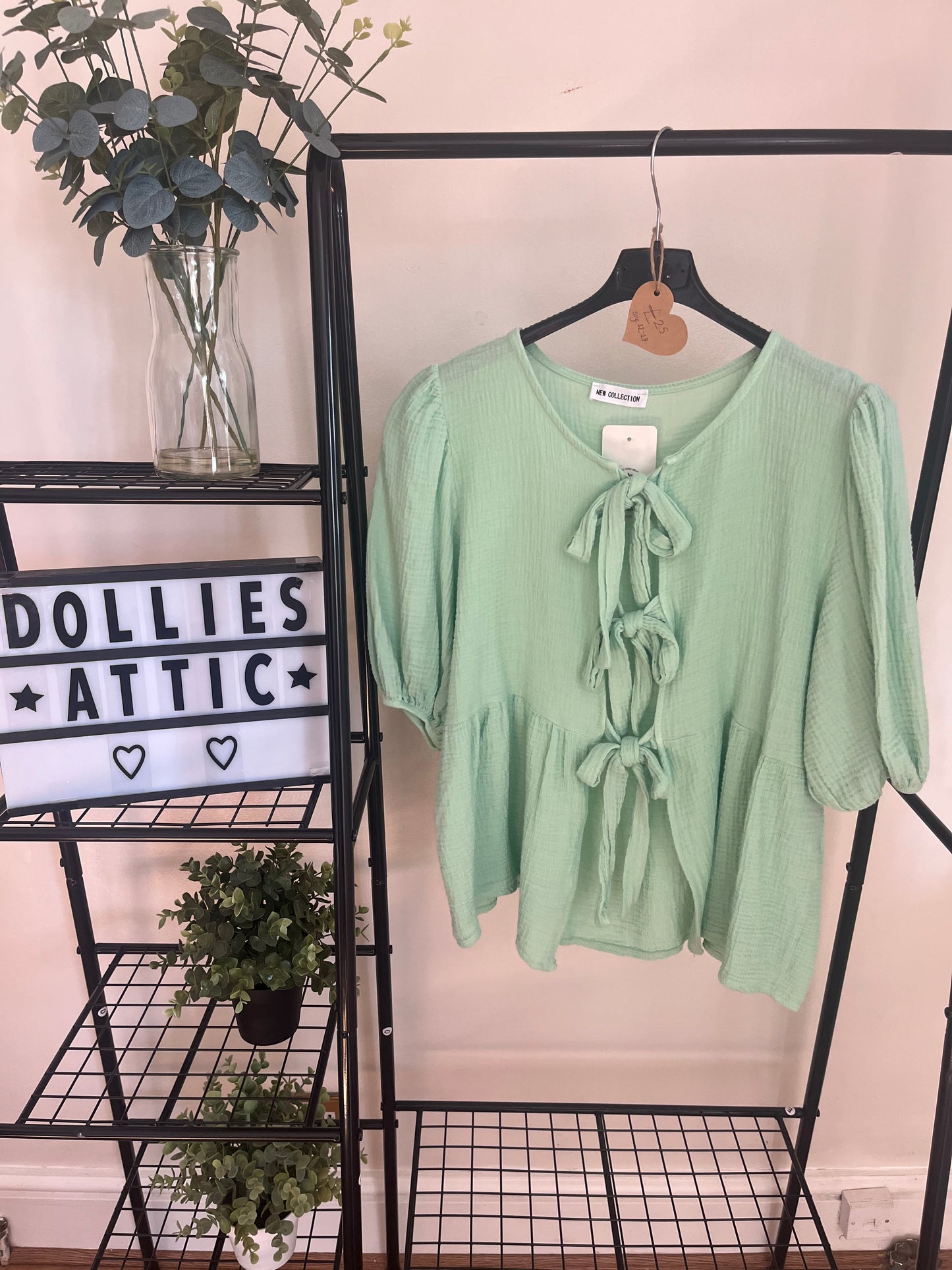 Mint green cheesecloth tie front top