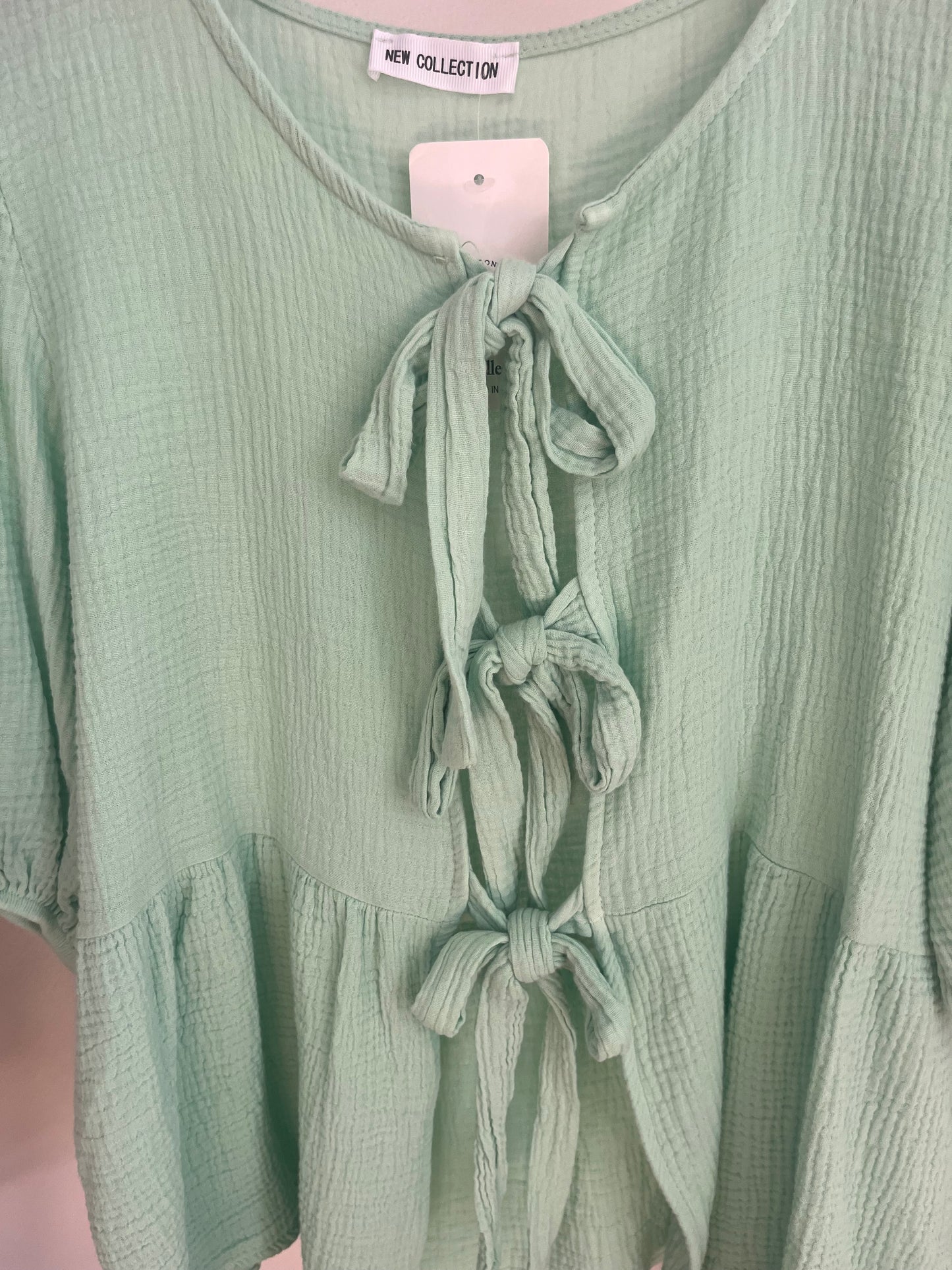 Mint green cheesecloth tie front top