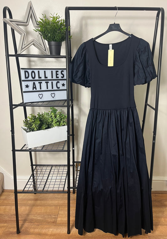 Navy puff sleeve ribbed dress