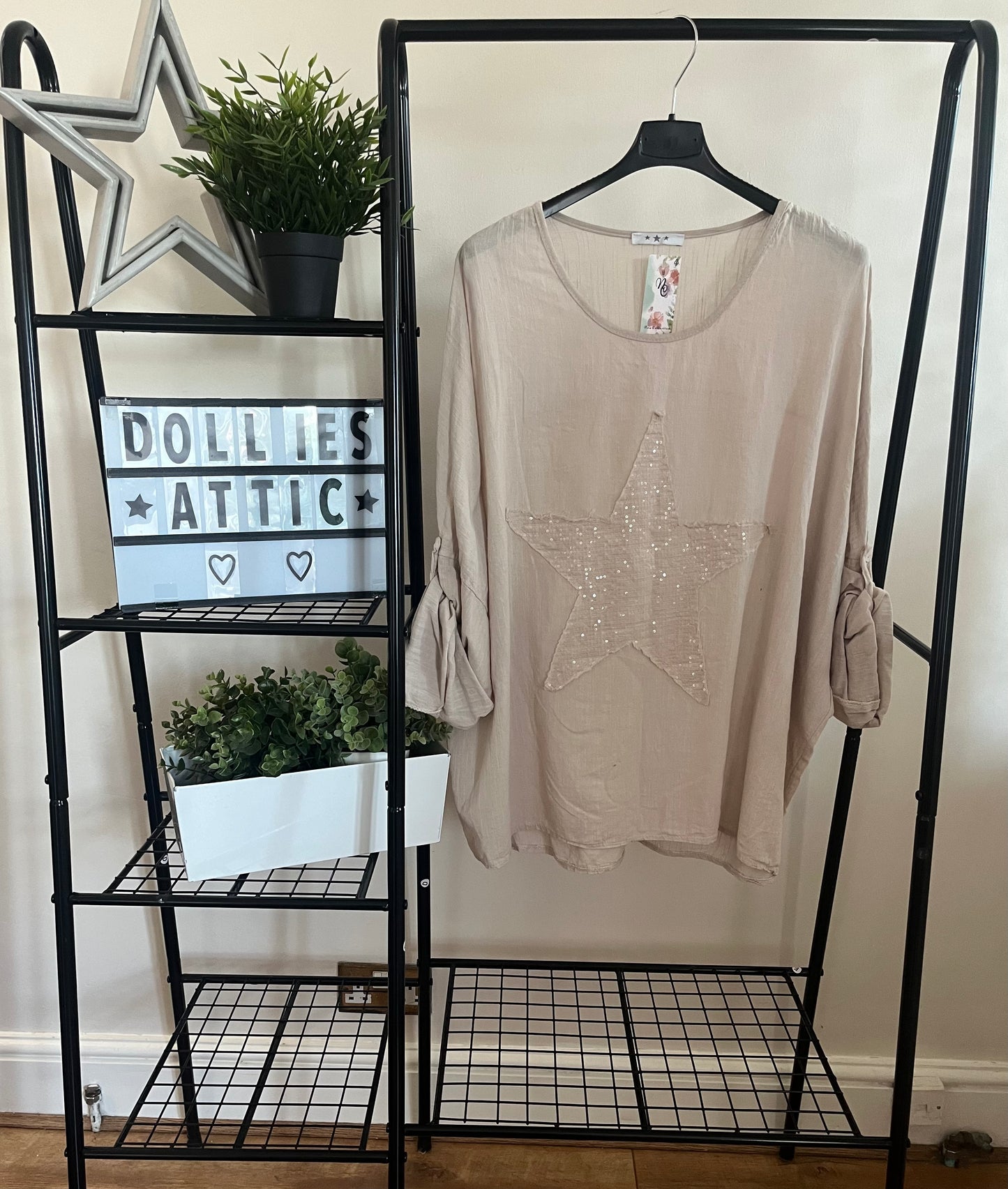 Beige sequin star oversized top