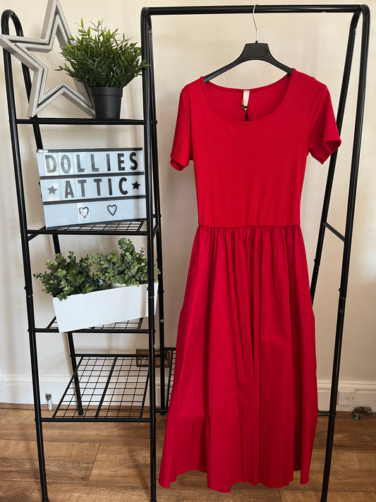 Red capped sleeve ribbed dress