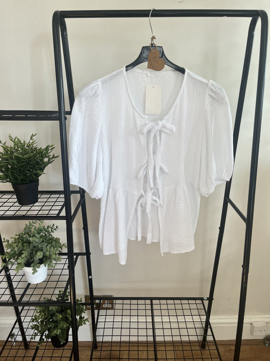 White cheesecloth tie front top